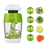 MENNYO Cortador de Verdura 4 en 1, Espiralizador de Verduras con Contenedor Mandolina de Cocina Profesional, Cortador de Patatas Spiralizer para Espaguetis de Calabacín, Zanahorias, Pepinos (verde)