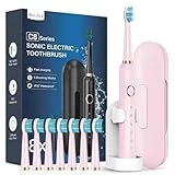 Cepillos de Dientes Electricos Sónico Adultos con 8 Cabezal - Cepillo Electrico con Estuche, 5 Modos y IPX7, Cepillos de Dientes Eléctricos Ultrasónicos para Mujer Hombres, Rosa Claro