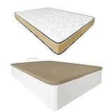 DUÉRMETE ONLINE - Pack Colchón Viscoelástico Aura Reversible + Canapé Madera Abatible Gran Capacidad | Color Blanco 135 x 190