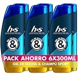 h&s Anticaspa Champú Y Gel De Ducha Para Pelo, Cuerpo Y Cara Para Hombre, Sport 300ml, Con Esencia de Sándalo x 6